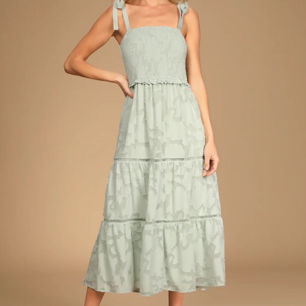 Lulu’s Float to Love Mint Jacquard Smocked Tie-Strap Midi Dress